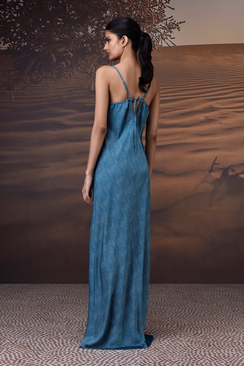 Retro Blue Satin Cowl Neck Maxi Gown