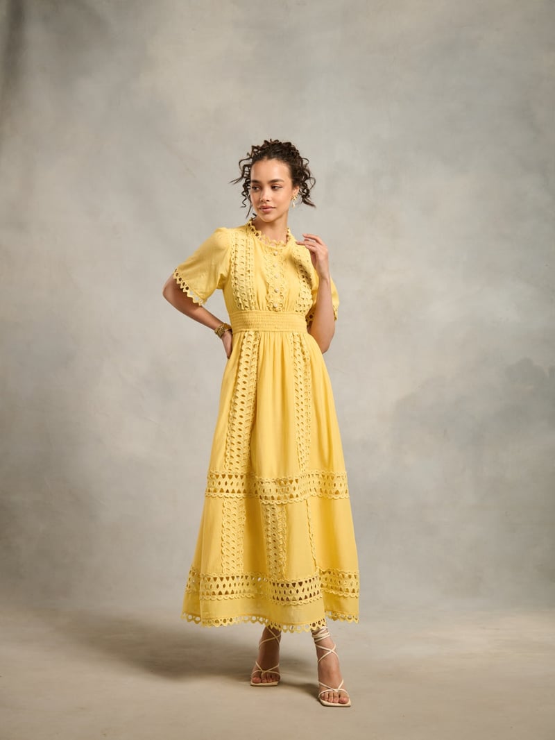 Yellow Lace Cutwork Fit and Flare Maxi Dress