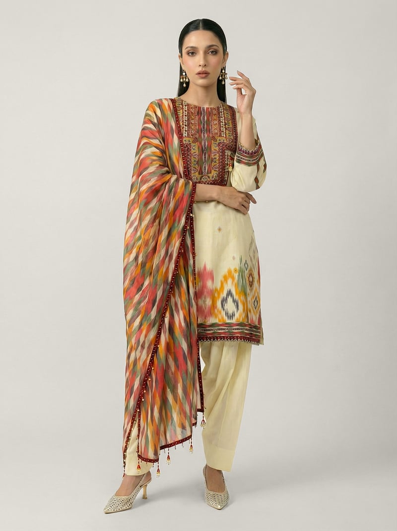 Off-White Printed Muslin Silk Kurta Set with Dupatta