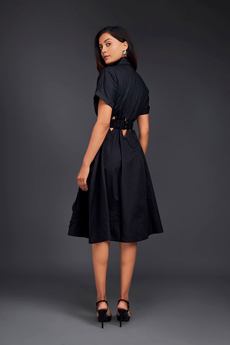 Black Midi Shirt Dress with Belt and Waist Cut-Outs