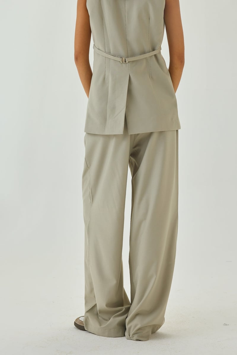 Greige High-Waist Pleated Wide-Leg Trousers
