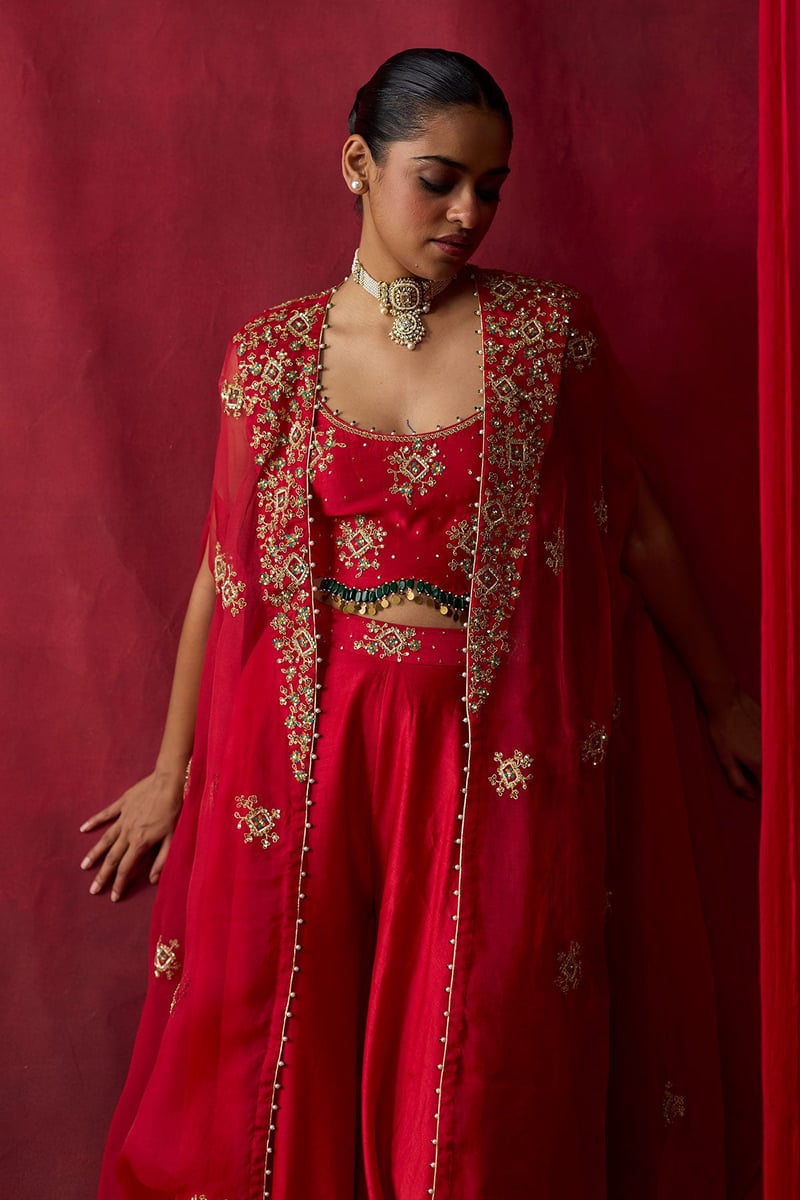 Red Embroidered Cape, Blouse and Sharara Co-ord Set