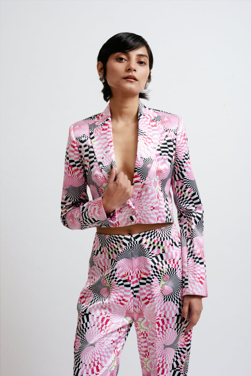 Multicolor Digital Print Cropped Tailored Jacket