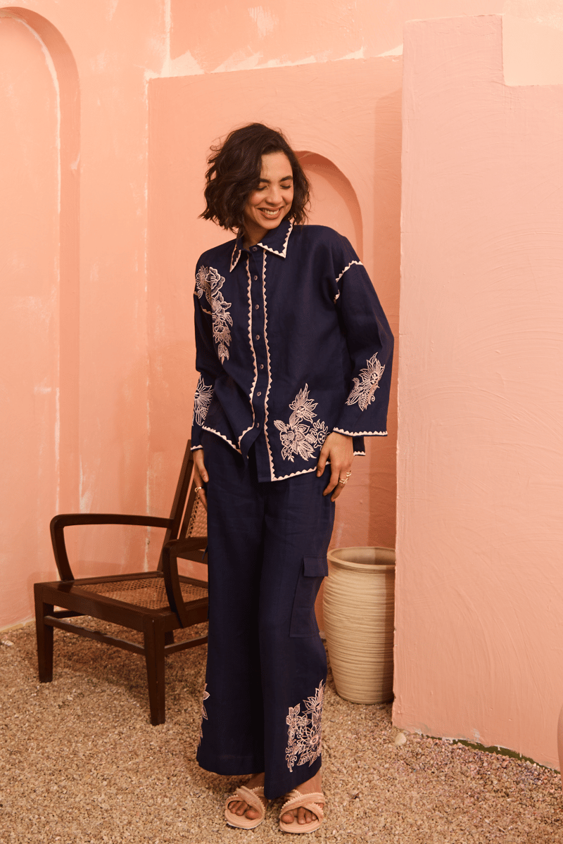 Navy Linen Embroidered Shirt and Flared Pants Co-ord Set