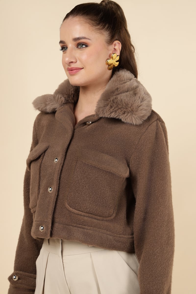 Taba Brown Cropped Jacket with Faux-Fur Collar