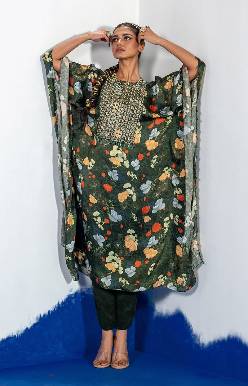 Green Floral Kaftan Kurta Set with Embroidered Yoke