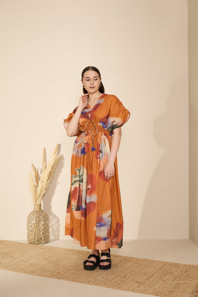 Rust Abstract Printed Cotton Poplin Maxi Dress