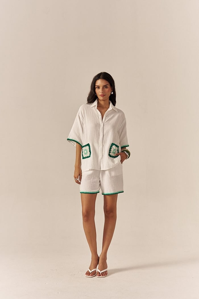 White and Green Crochet Trim Shirt and Shorts Co-ord Set