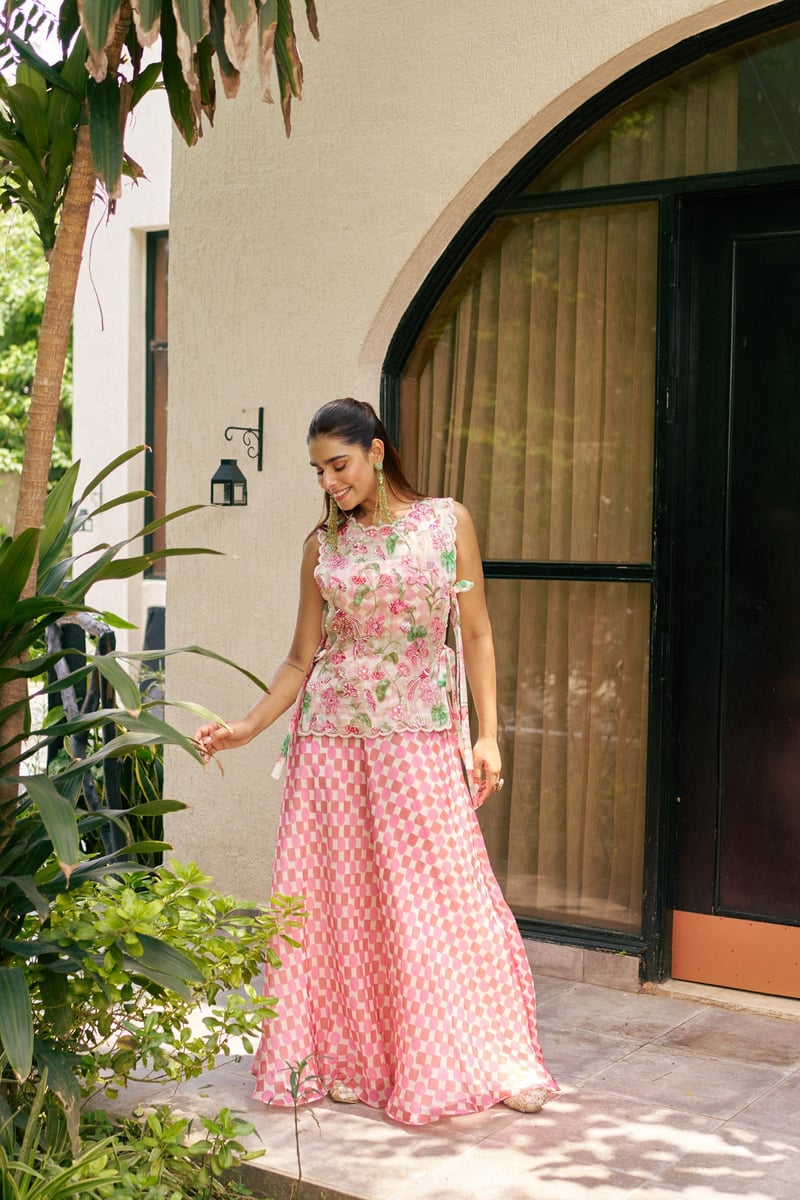 Ivory and Pink Printed Bib Top and Maxi Skirt Co-ord Set