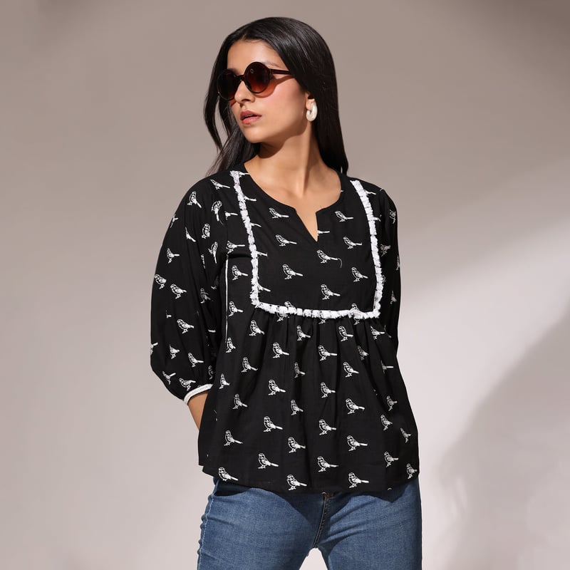 Black Bird Motif Oversized Top with Yoke Detail