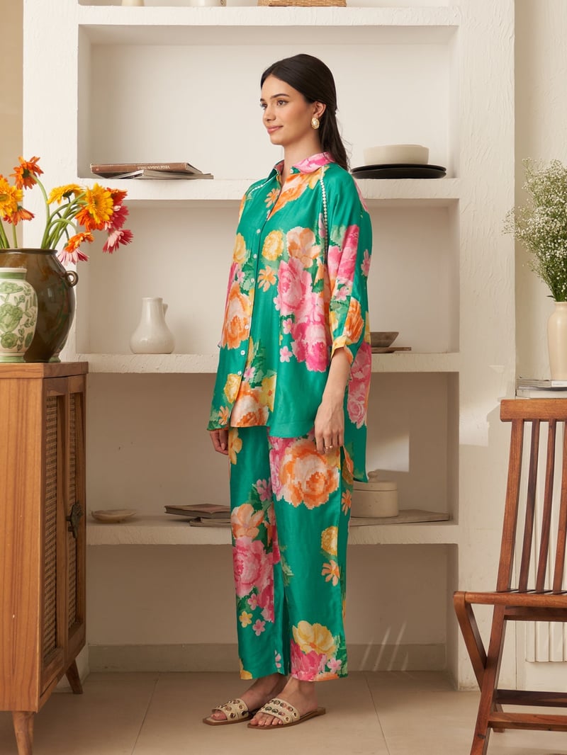 Green Floral Silk Shirt and Pants Co-ord Set