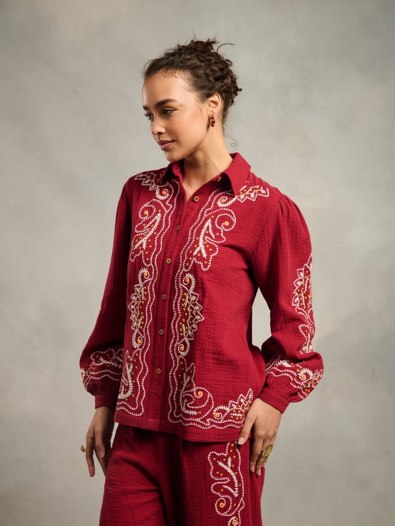 Maroon Embroidered Cotton Button-Down Shirt