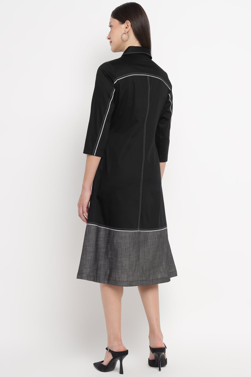 Black A-Line Midi Shirt Dress with Grey Colorblock Hem