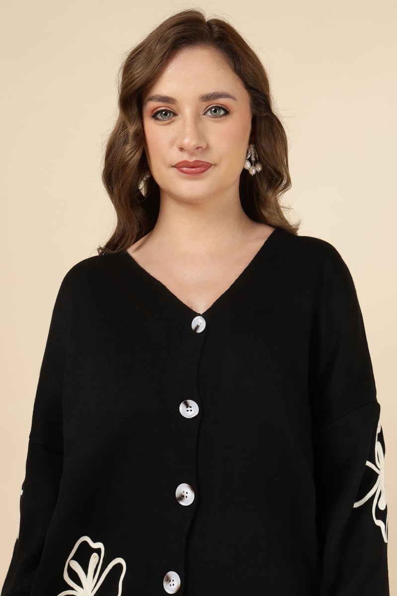Black Knit Button-Front Top and Wide-Leg Pants Co-ord Set