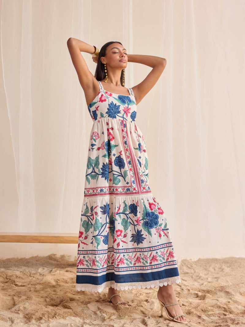 White Floral Printed Cotton Maxi Dress with Lace Trim