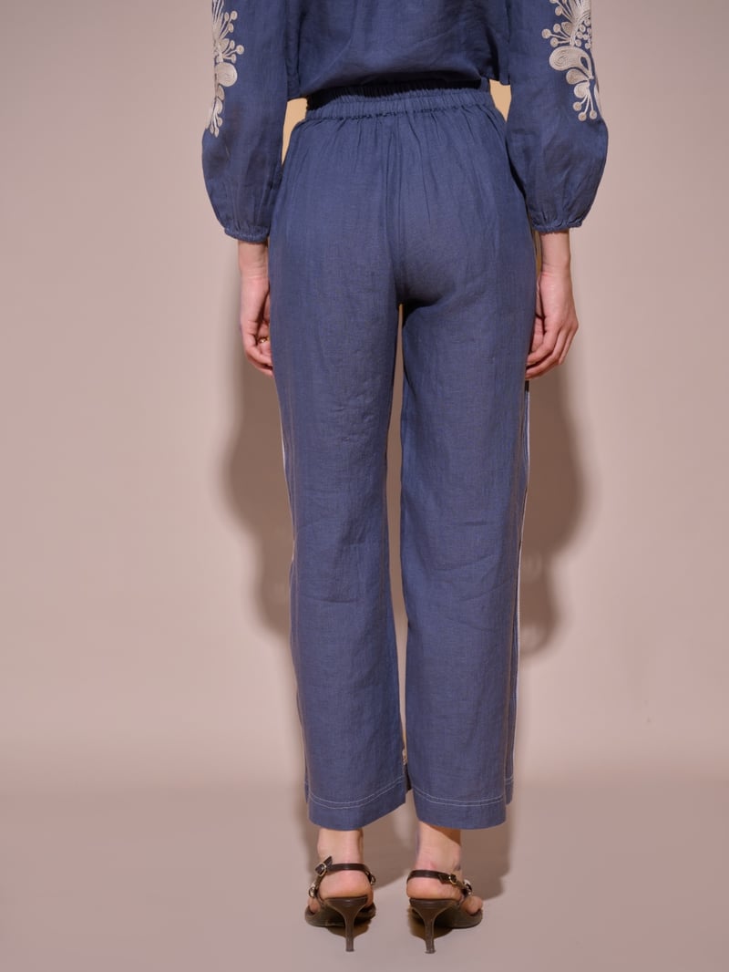 Blue High-Rise Wide-Leg Embroidered Trousers