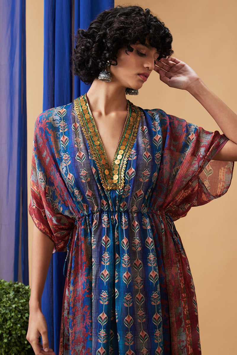 Beige Printed Chiffon Kurta Set with Embellished V-Neck