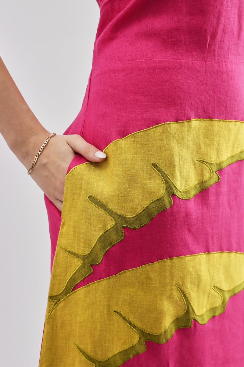 Fuschia Linen Square Neck A-Line Midi Dress