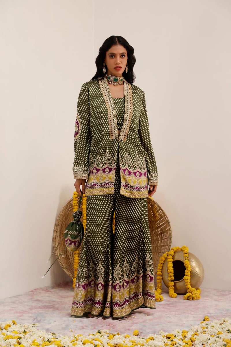 Olive Green Printed Blazer, Blouse and Sharara Co-ord Set