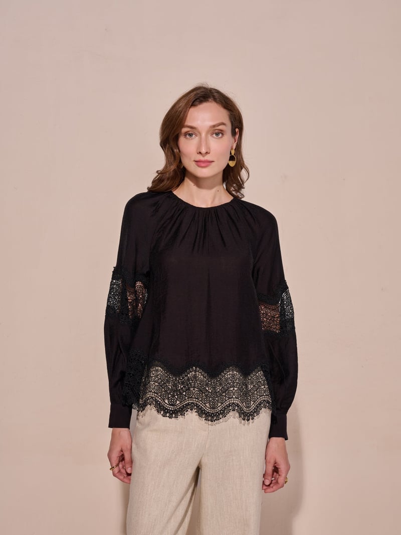 Black Flowy Lace-Detail Top with Full Sleeves