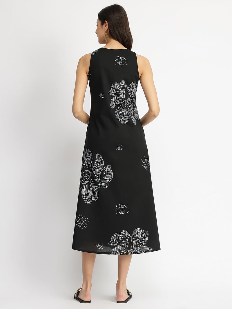 Black Cotton Bandhani Floral A-Line Midi Dress