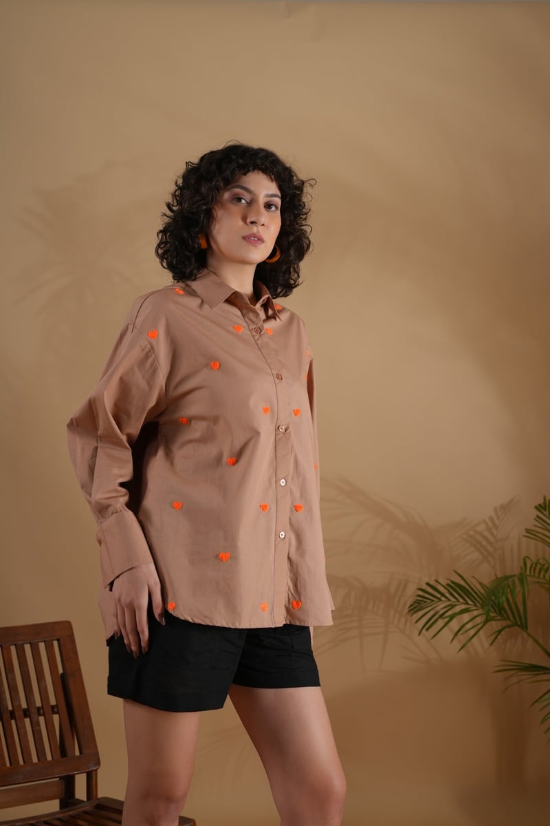 Coffee Oversized Embroidered Heart Shirt
