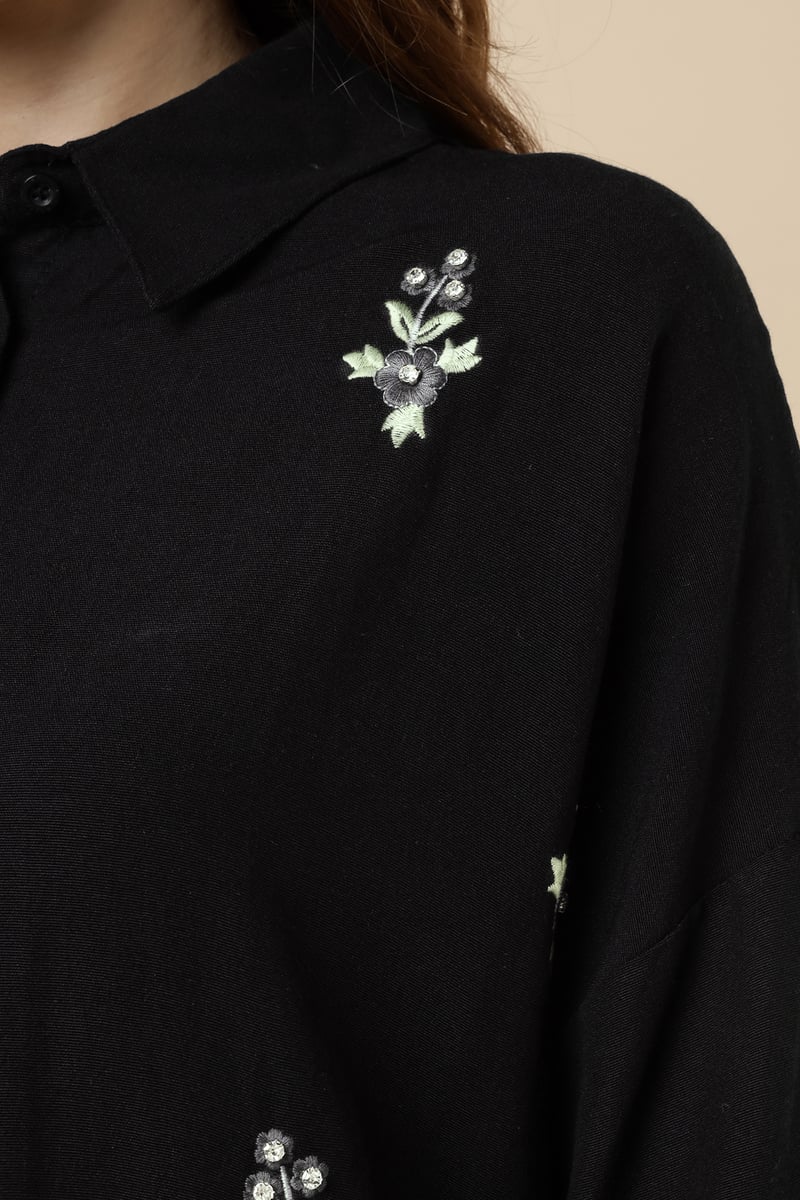 Black Collared Button-Down Shirt with Floral Embroidery