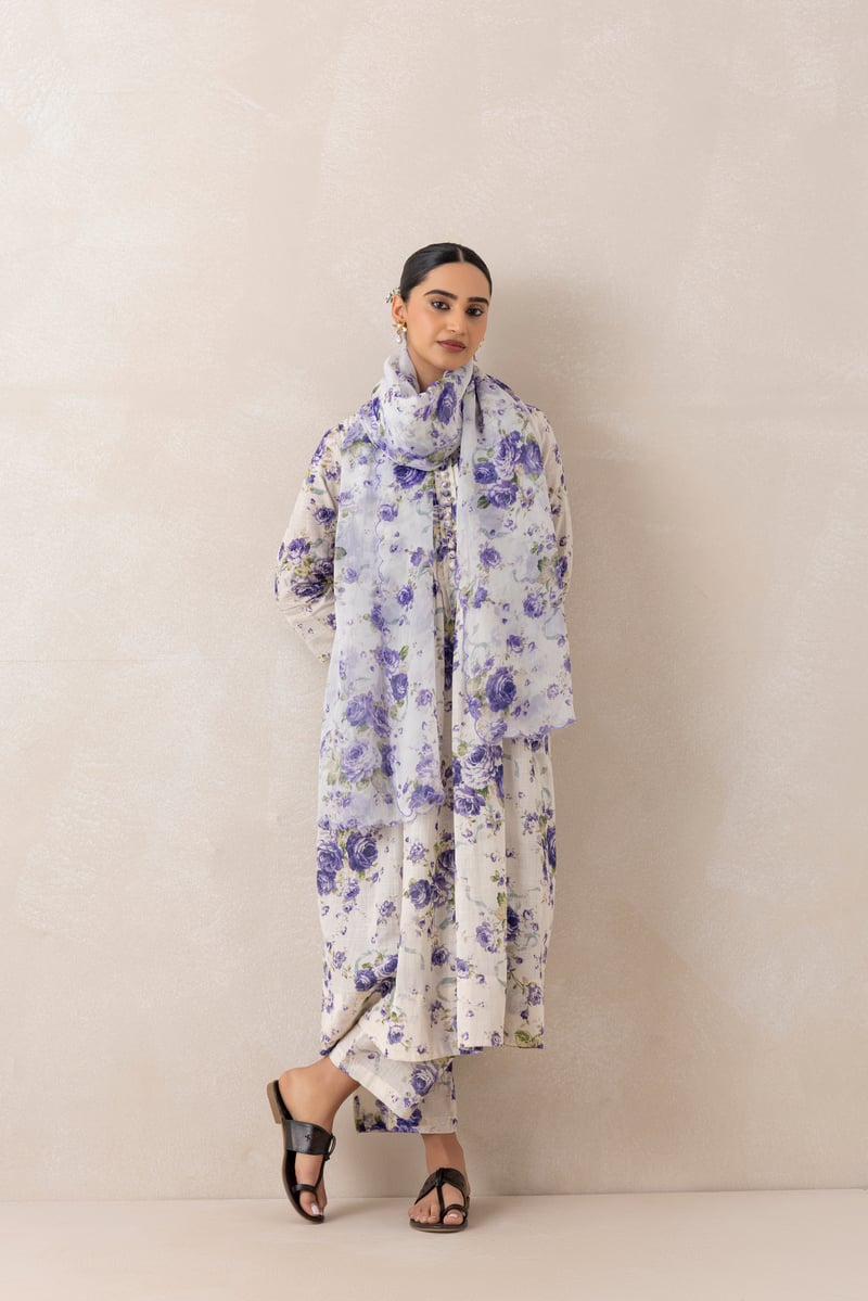 Purple/White Floral Flared Kurta Set with Palazzo and Dupatta
