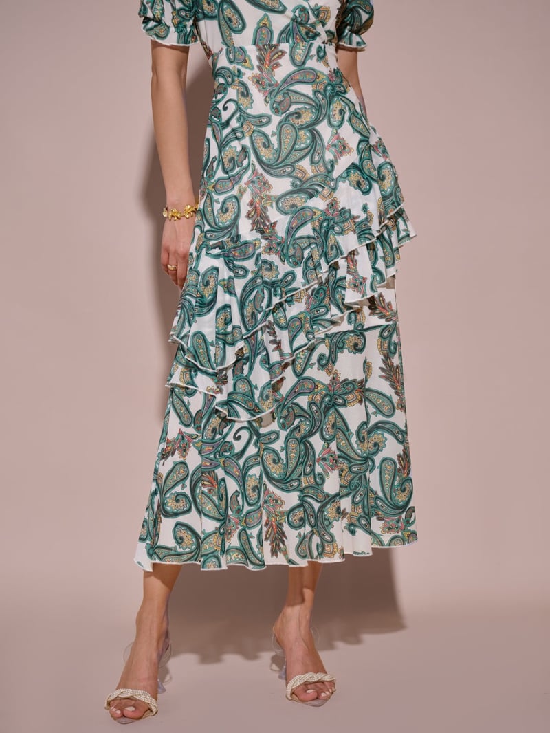 Green Paisley Print Wrap Midi Dress with Ruffle Tiers