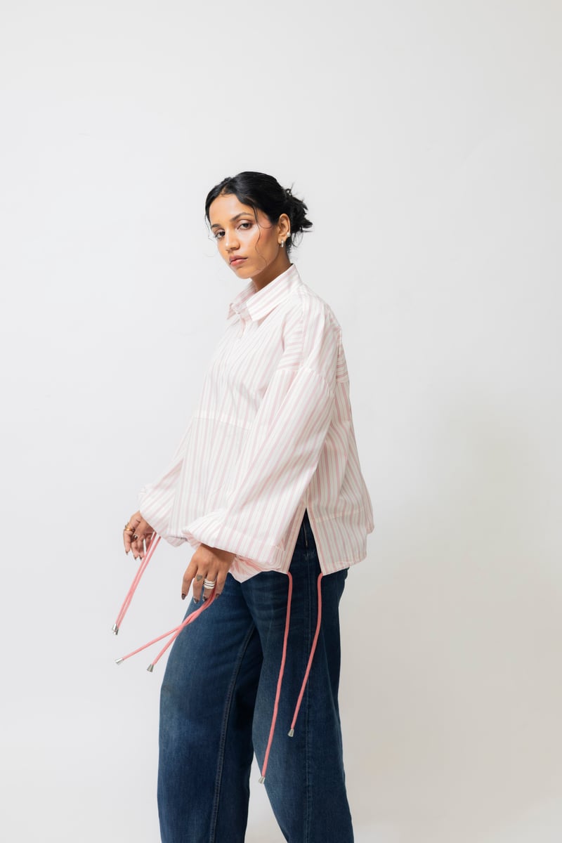Oversized Balloon Sleeve Striped Cotton Shirt, White/Pink