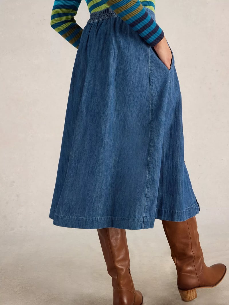 Mid Denim Button-Through A-Line Midi Skirt with Pockets