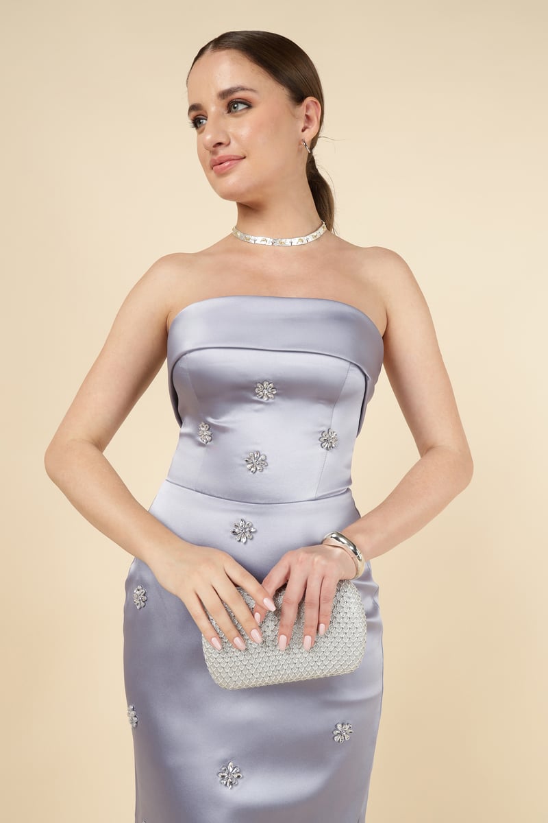 Silver/Purple Strapless Embellished Maxi Gown
