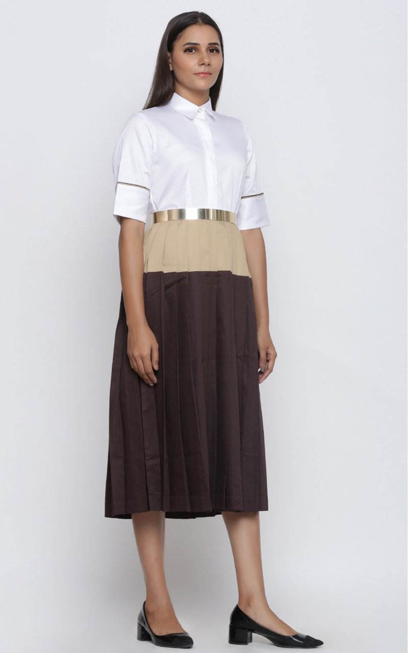 Colorblock Pleated Midi Shirt Dress