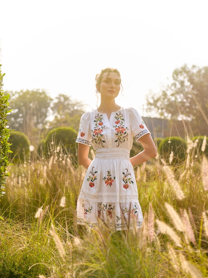 White Cotton Floral Embroidered Tiered Knee-Length Dress