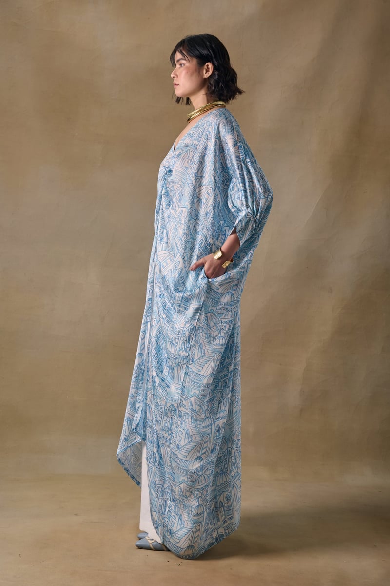 Blue Landscape Printed Modal Satin Kaftan