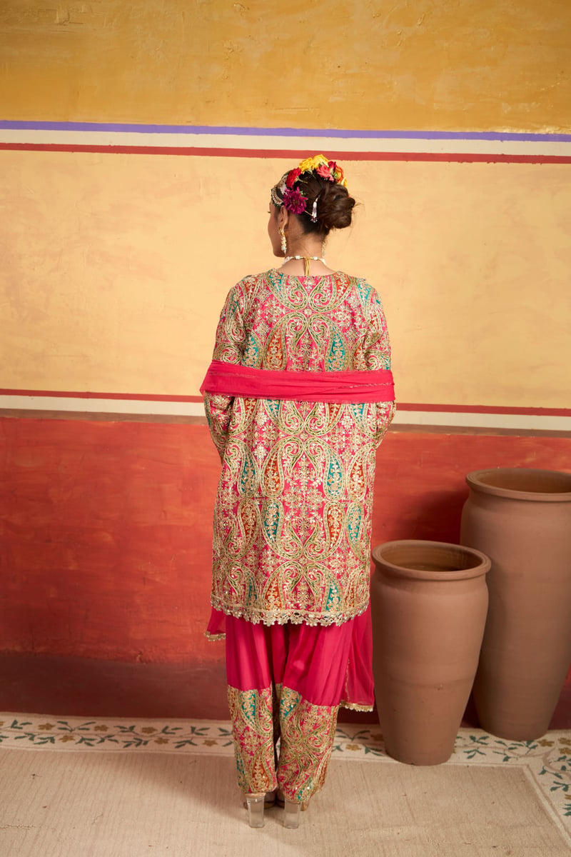 Pink Paisley Embroidered Kurta Set with Dupatta