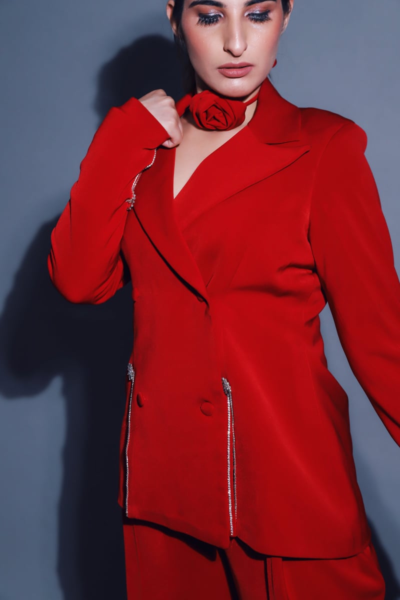 Red Crystal-Detail Blazer and Pants Tailored Set