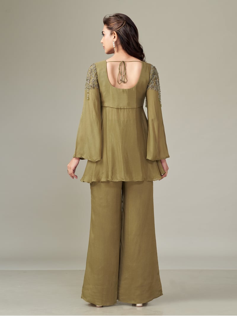 Olive Gold Chiffon Embroidered Co-ord Set