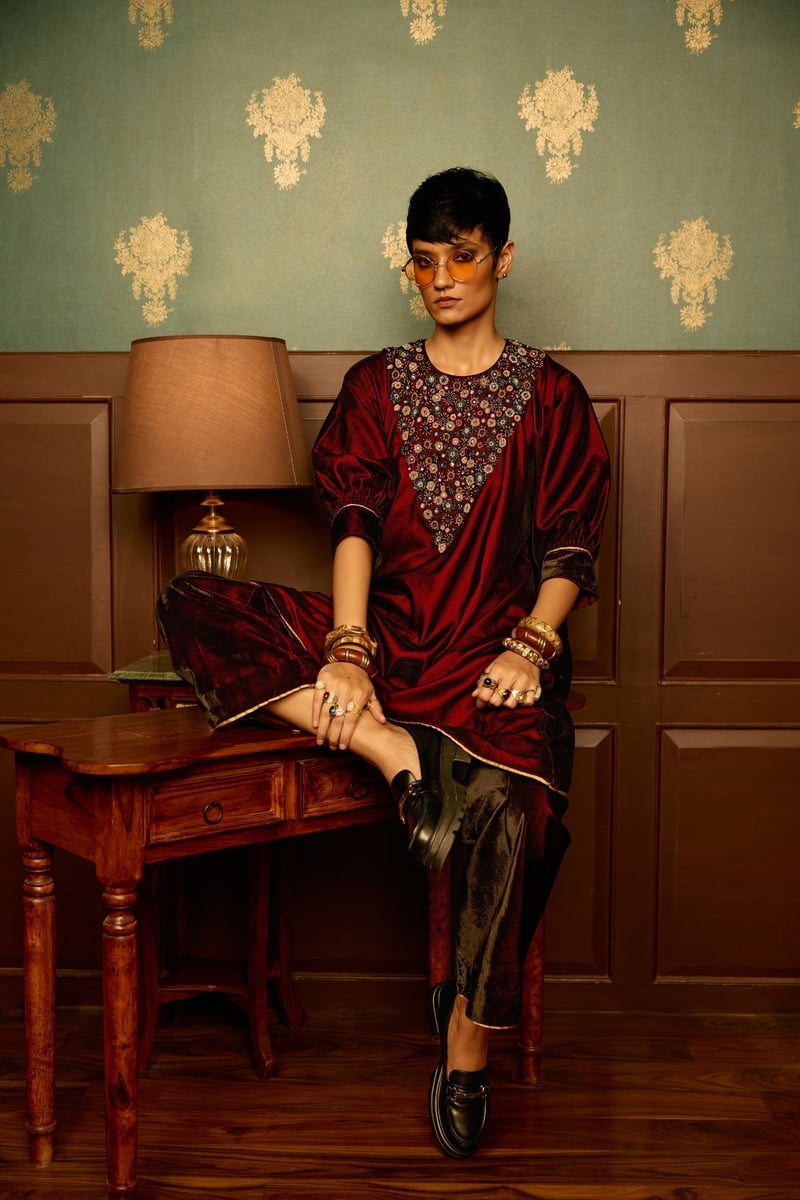 Maroon Velvet A-Line Kurta and Palazzo Set