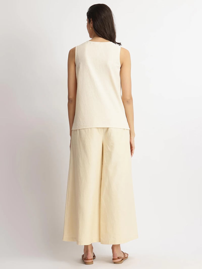 Linen Blend Solid Sleeveless Shirt - Beige
