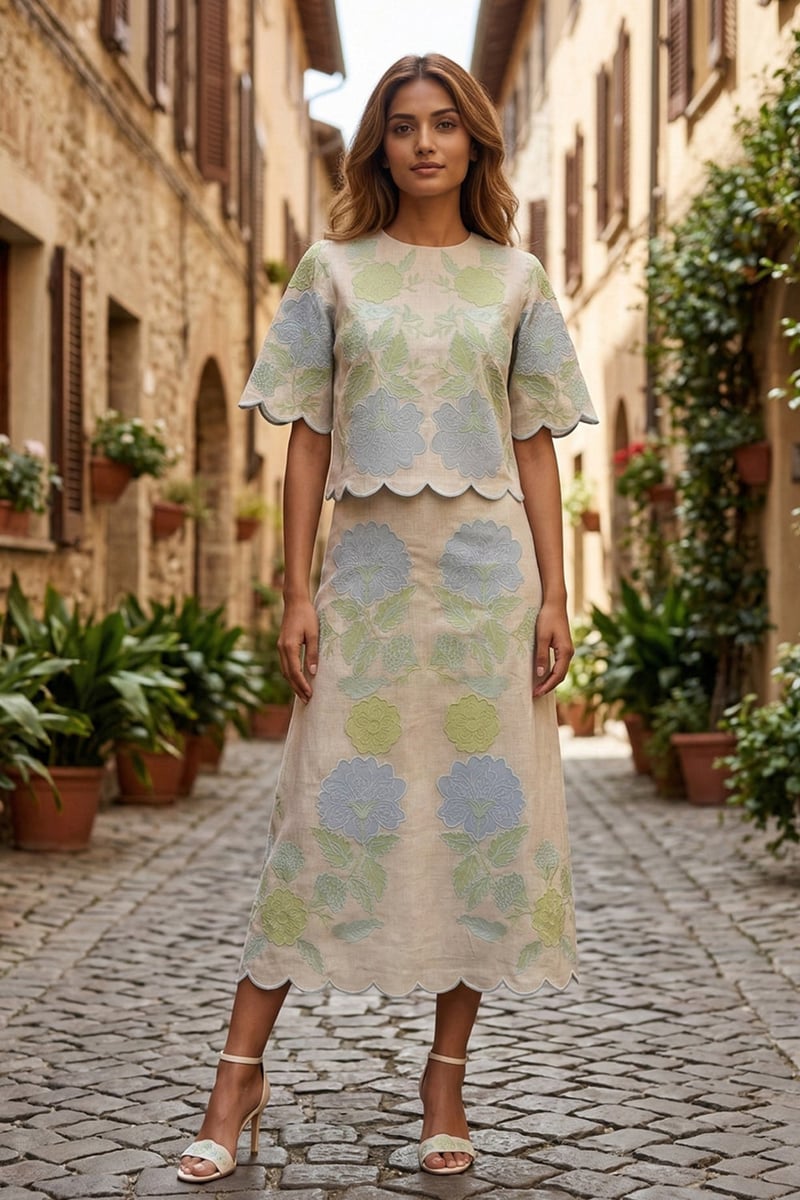 Sand Linen Applique Top and Midi Skirt Co-ord Set