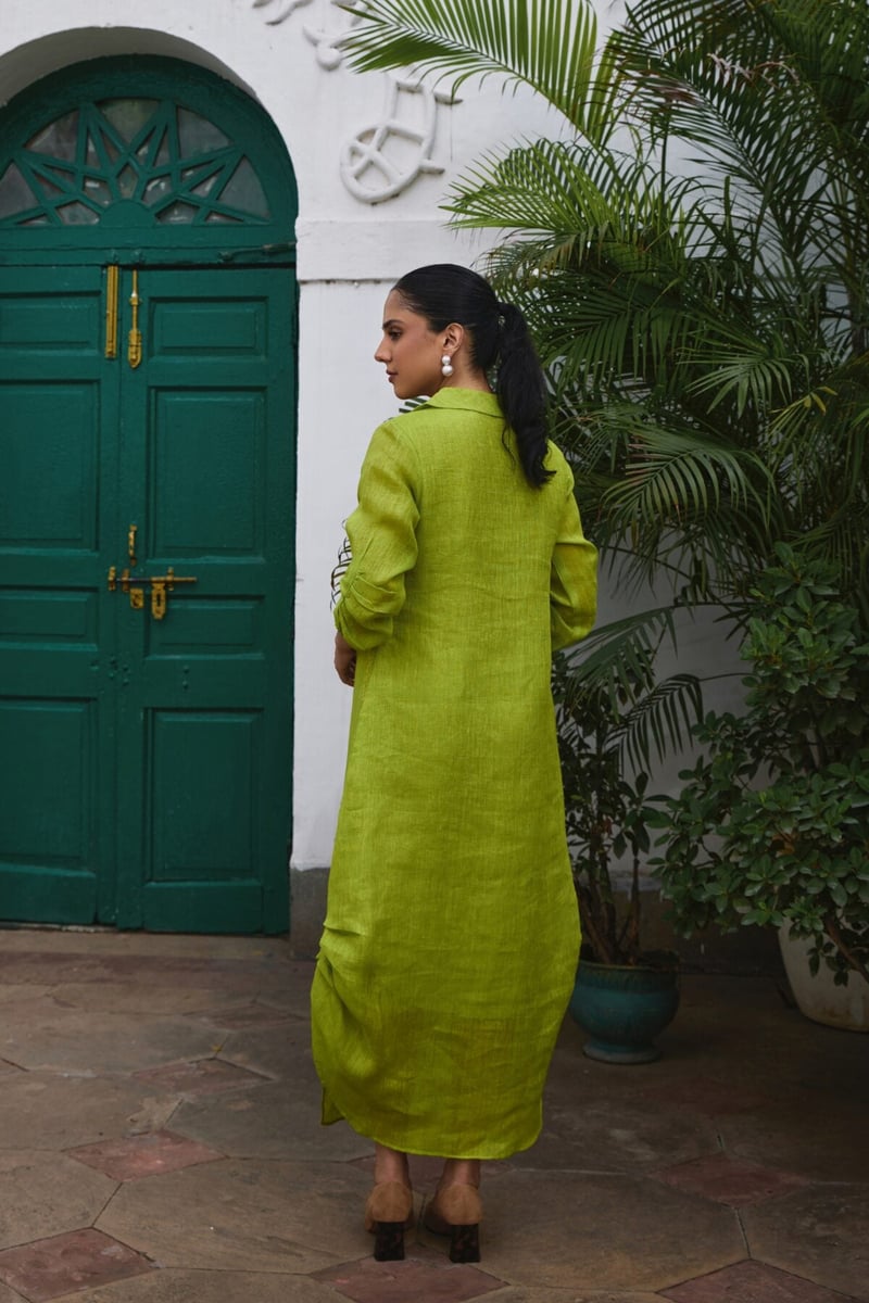 Green Linen Straight Midi Dress with Ruffle Detail