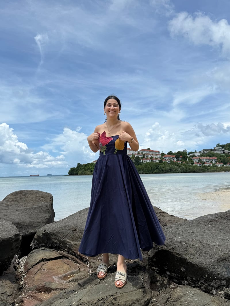 Navy Off-Shoulder Cotton Midi Dress with Floral Applique