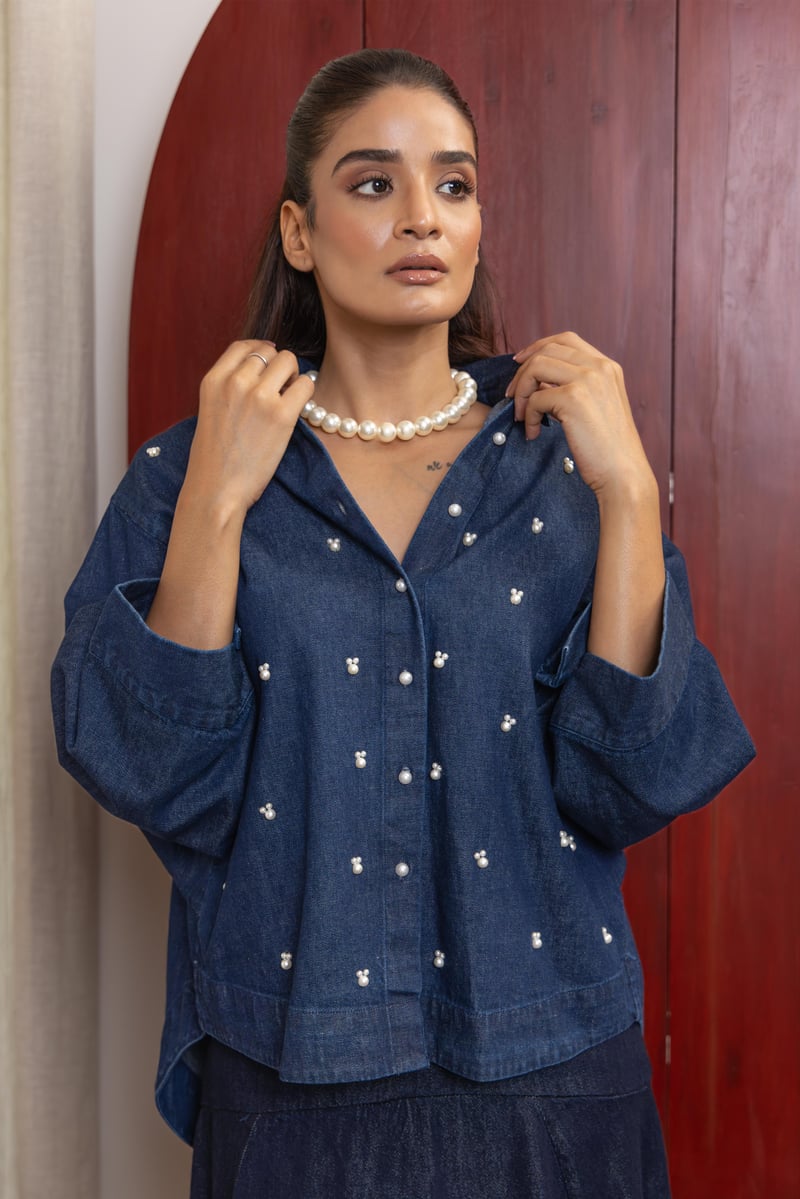 Dark Blue Denim Boxy Shirt with Pearl Accents