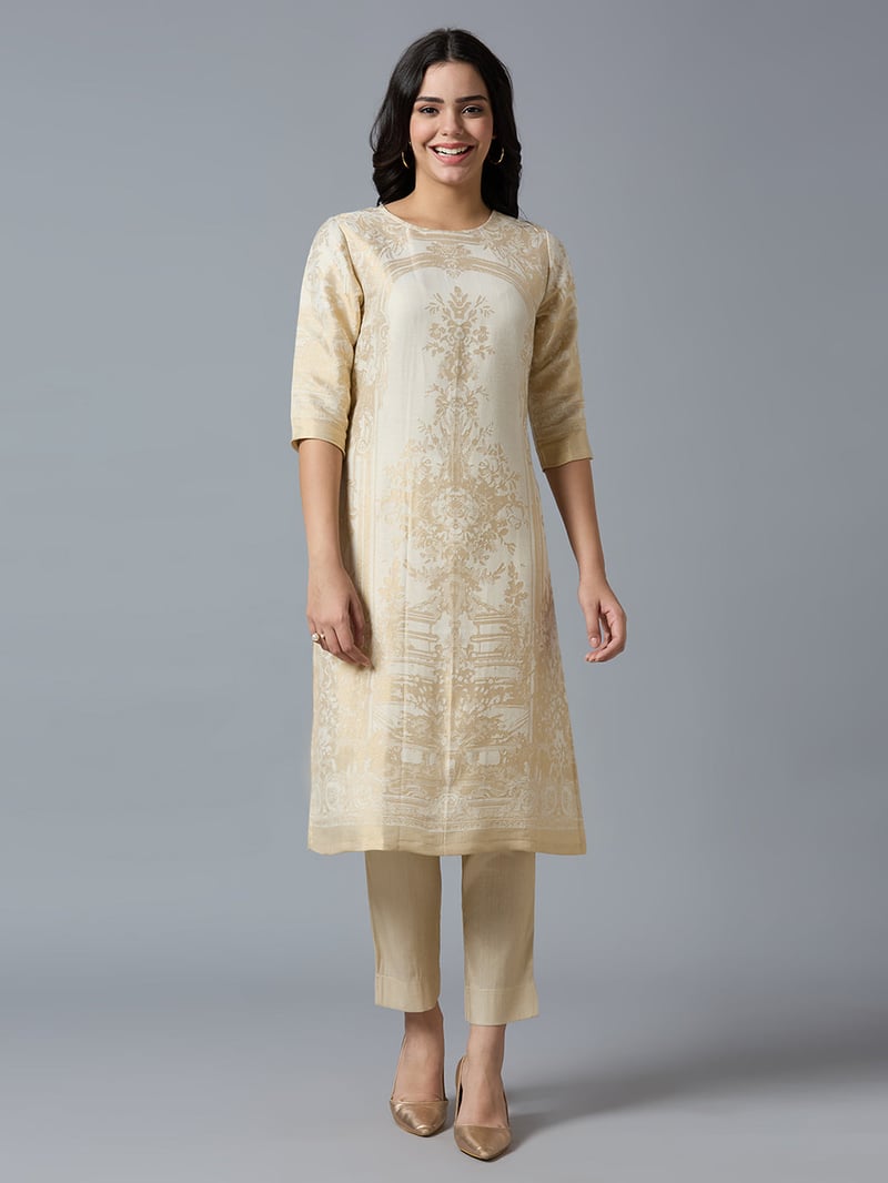 Navy/Gold Brocade Straight Kurta with 3/4 Sleeves