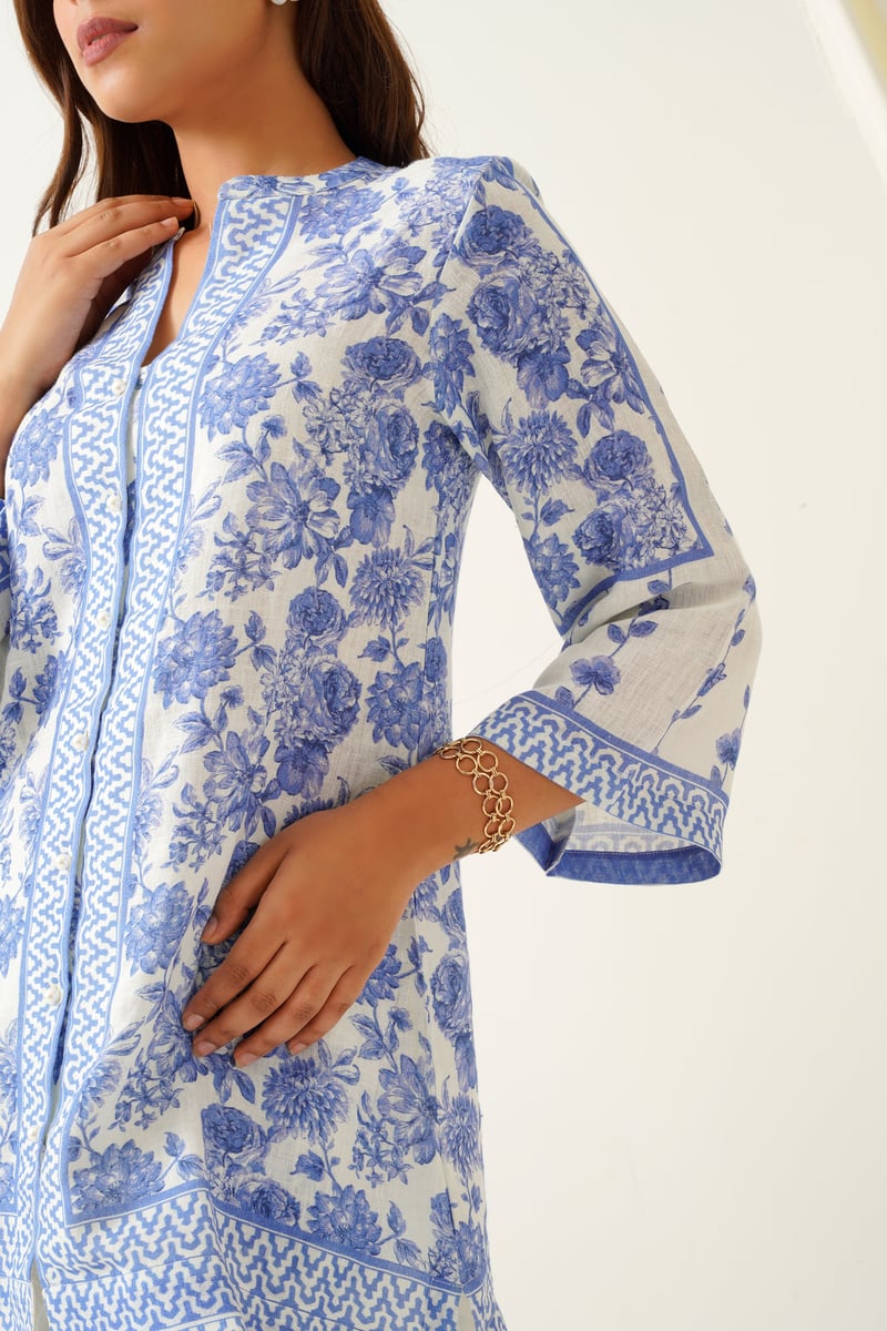 Blue and Cream Floral Printed Linen Co-ord Set