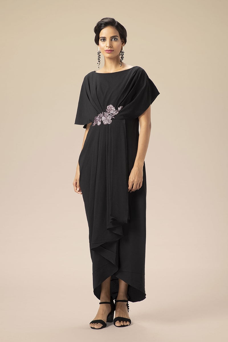 Black Moss Crepe Embroidered Drape Maxi Dress