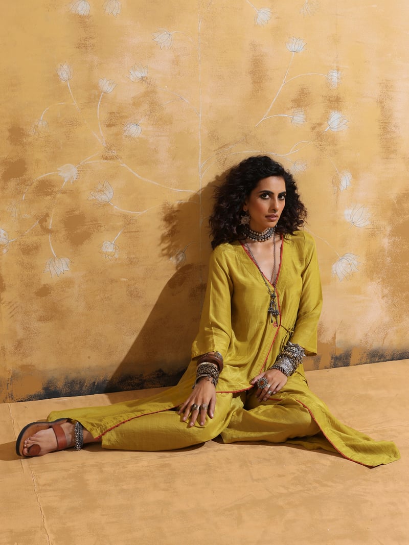 Lime Muslin Silk Angrakha Kurta and Pant Set