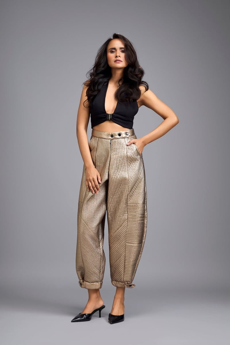 Gold Metallic Quilted High-Rise Balloon-Leg Trousers