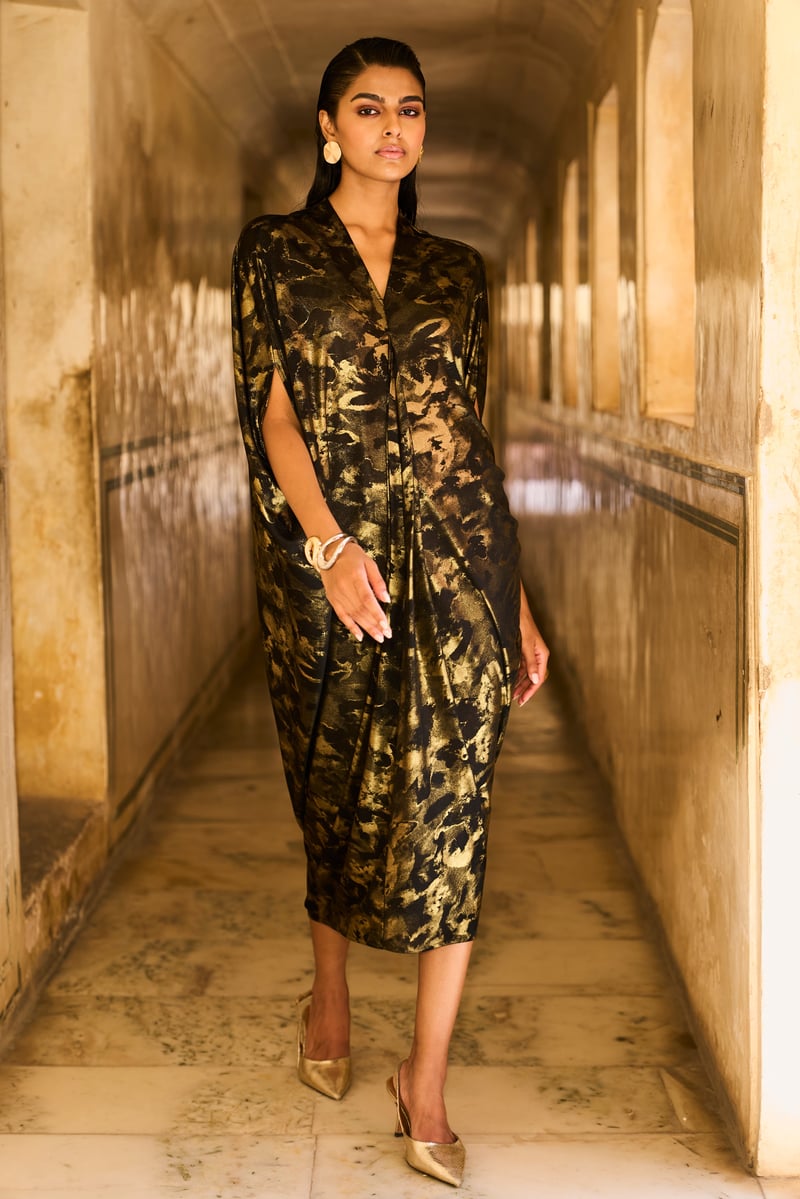 Black/Gold Foil Print Drape Cowl Kaftan
